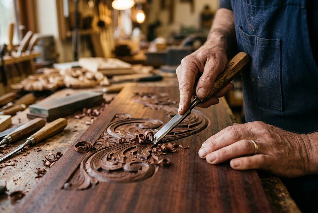 Artisan carving detail at Decorex