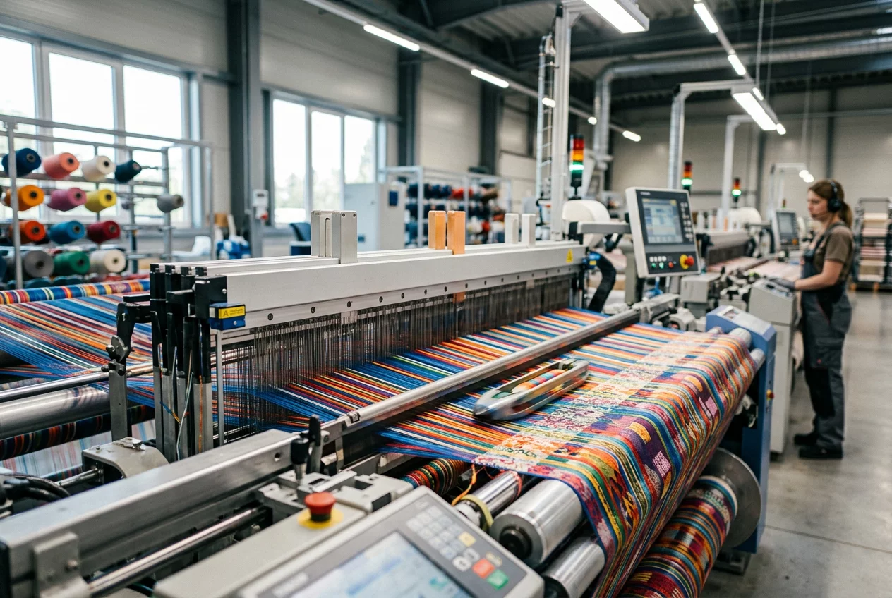 Close up of textile weaving loom in a British factory