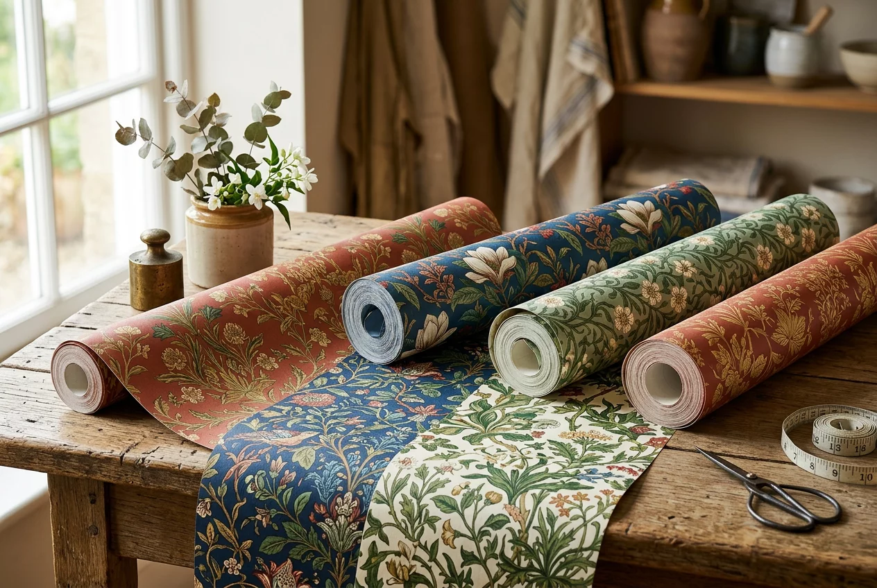 Artistic display of William Morris style wallpaper